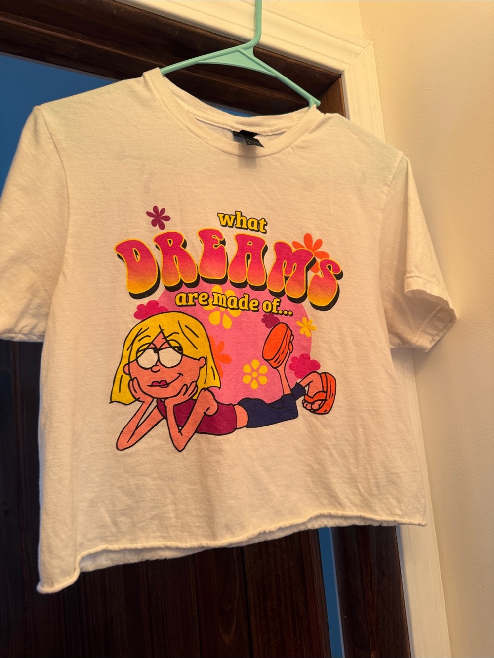 Disney White Retro Graphic Tee with Pink, Yellow & Orange Print